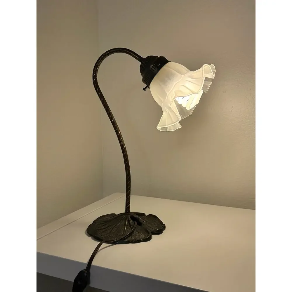 1970s VINTAGE Art Nouveau Lily Pad Gooseneck Lamp Ruffled Glass Tulip Shade